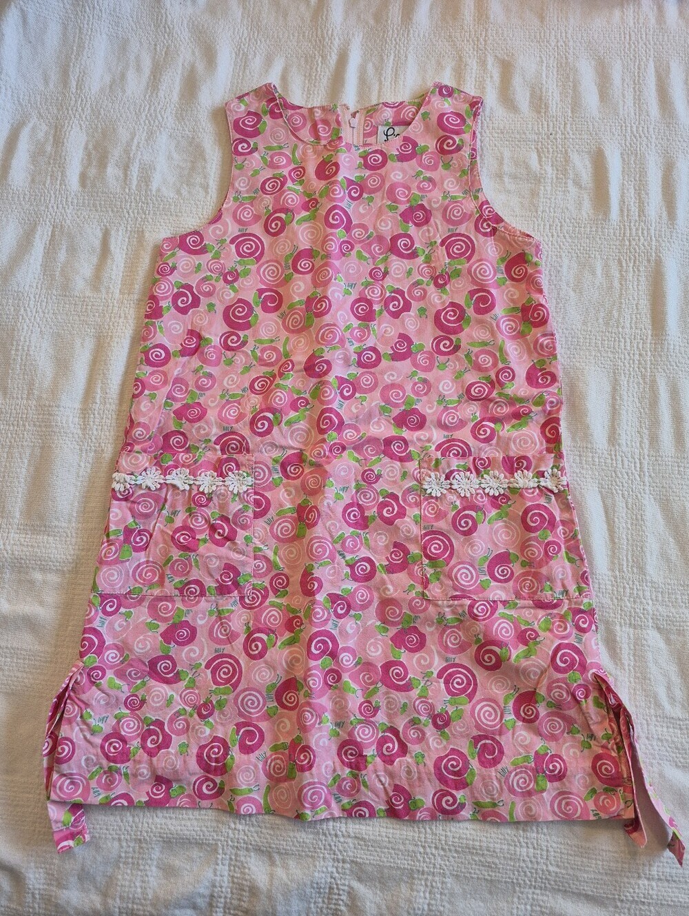 Lilly Pulitzer girls size 7 shift dress lined, pink & lime snail pockets VGUC